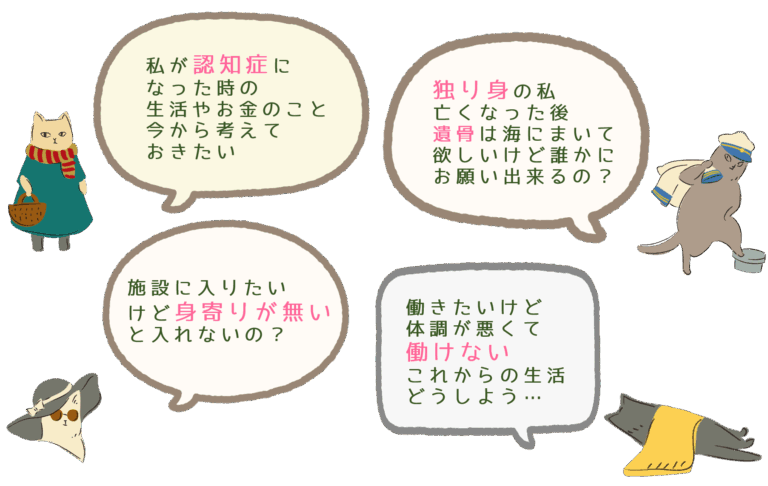 認知症・独り身・身寄りがない・働けないなどの悩みを動物のイラストで表した画像