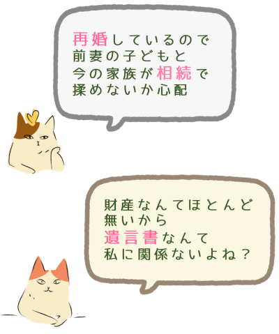 遺言や相続に関する悩みを持つ猫たちのイラスト。再婚、遺言の不安などを吹き出しで表現。